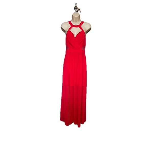 NWT BCBGeneration Size 8 Surplice Lace Maxi Evening Dress Gown Red Halter Neck - Picture 6 of 16